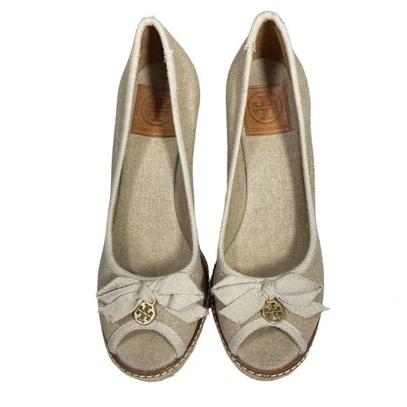 Tory Burch Jackie canvas peep toe wedge espadrille heels 9.5 M - Picture 8 of 14